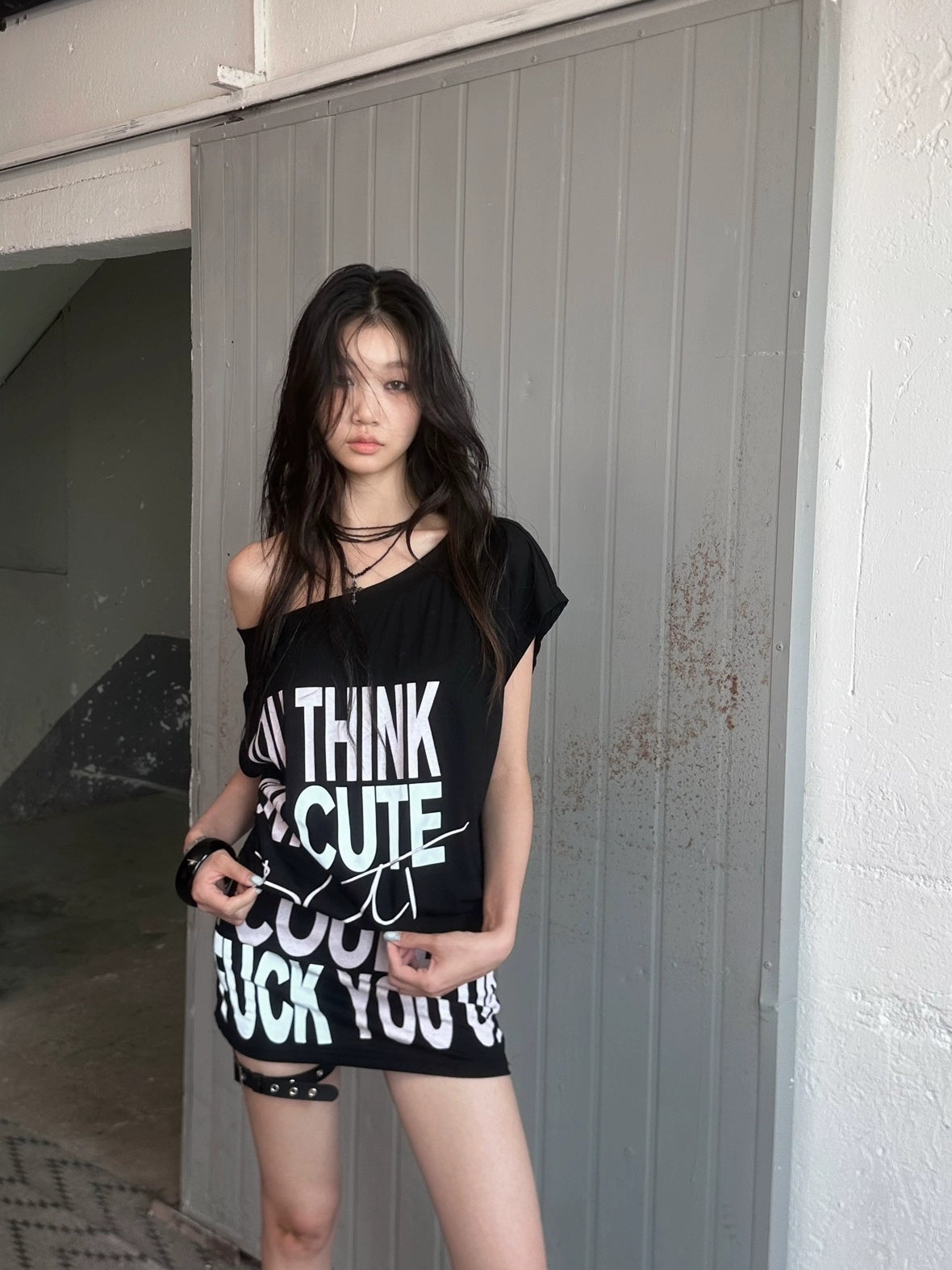 FULLTIDE Stretch Cotton Sleeveless Midlength Street Women Round Neck Black T-Shirt