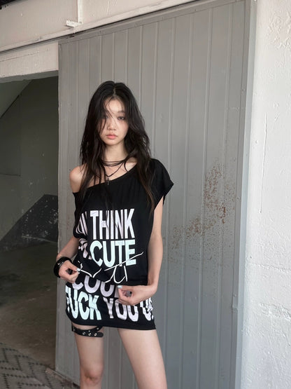 FULLTIDE Stretch Cotton Sleeveless Midlength Street Women Round Neck Black T-Shirt