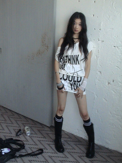 FULLTIDE Stretch Cotton Sleeveless Midlength Street Women Round Neck Black T-Shirt