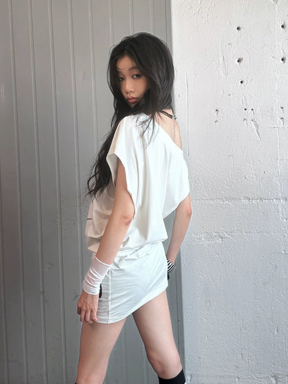 FULLTIDE Stretch Cotton Sleeveless Midlength Street Women Round Neck Black T-Shirt