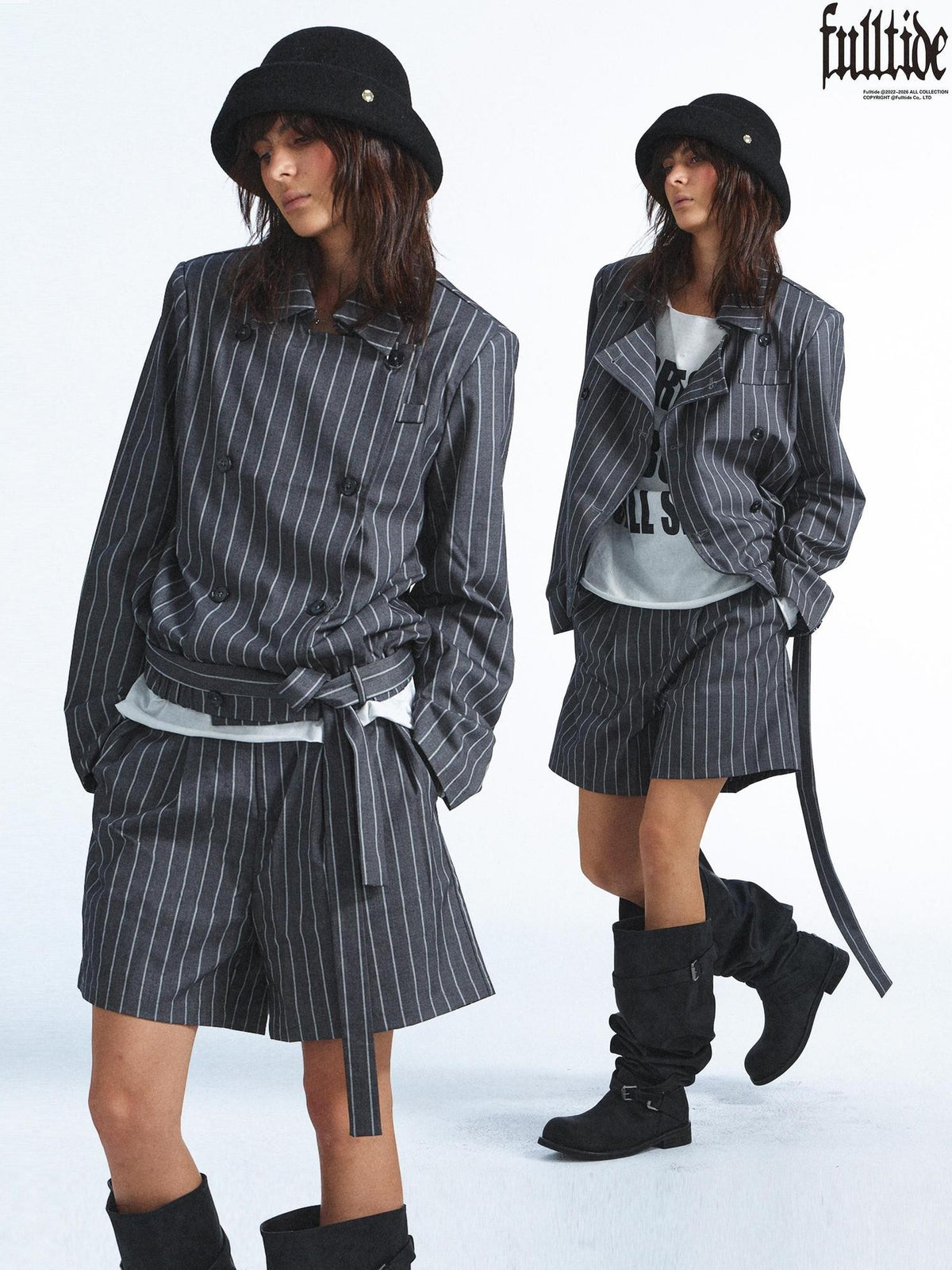 FULLTIDE Striped Deconstructed Double Breasted Belted Women&