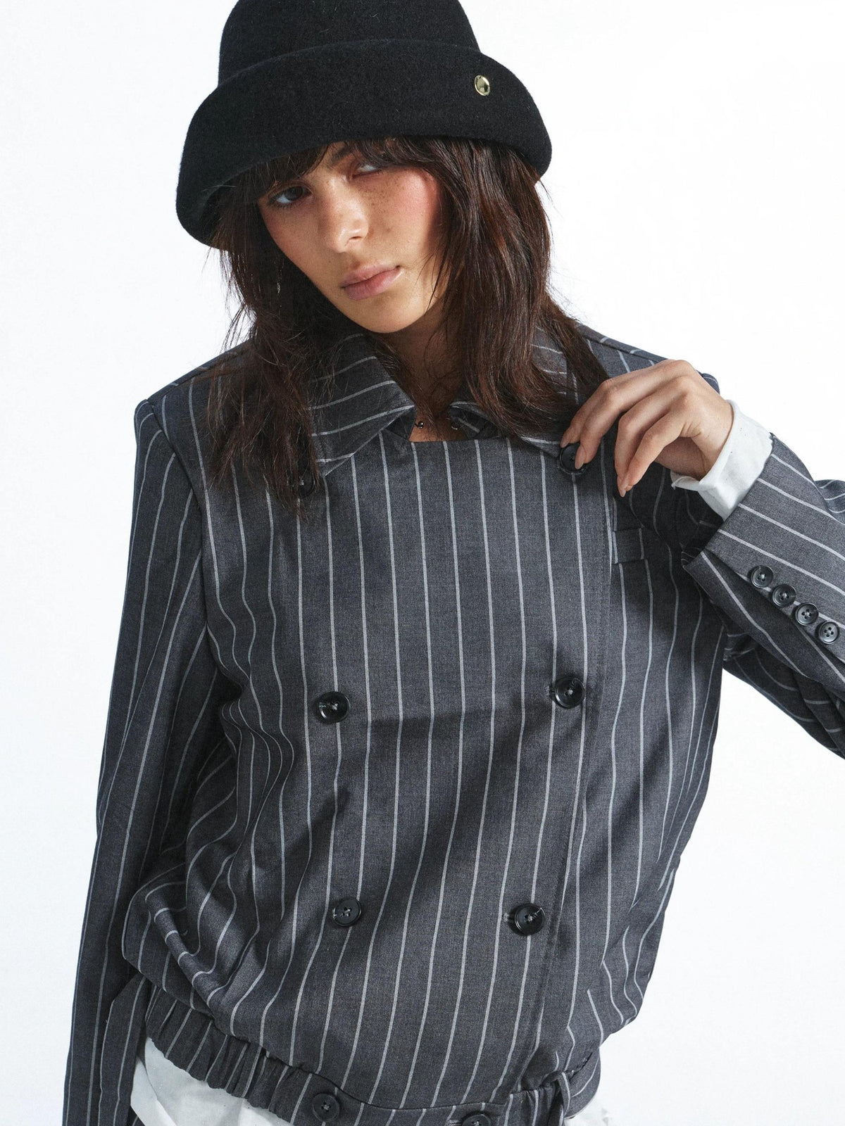 FULLTIDE Striped Deconstructed Double Breasted Belted Women&