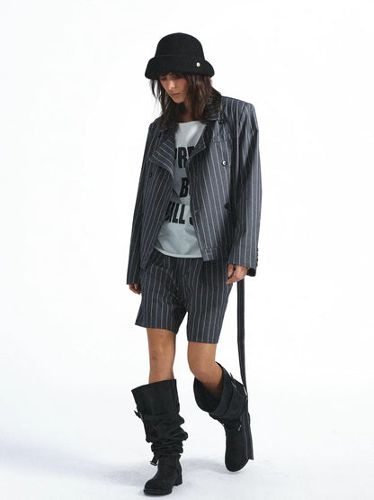 FULLTIDE Striped Deconstructed Double Breasted Belted Women&