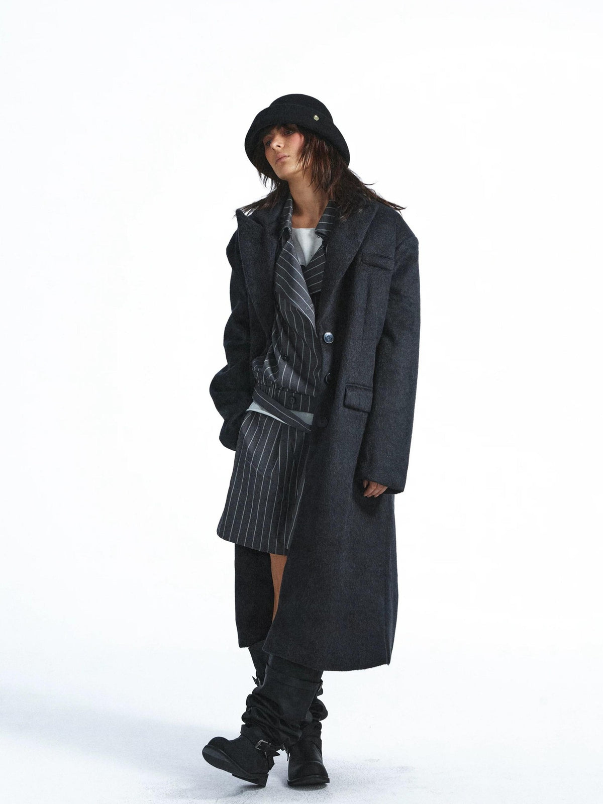 FULLTIDE Striped Deconstructed Double Breasted Belted Women&