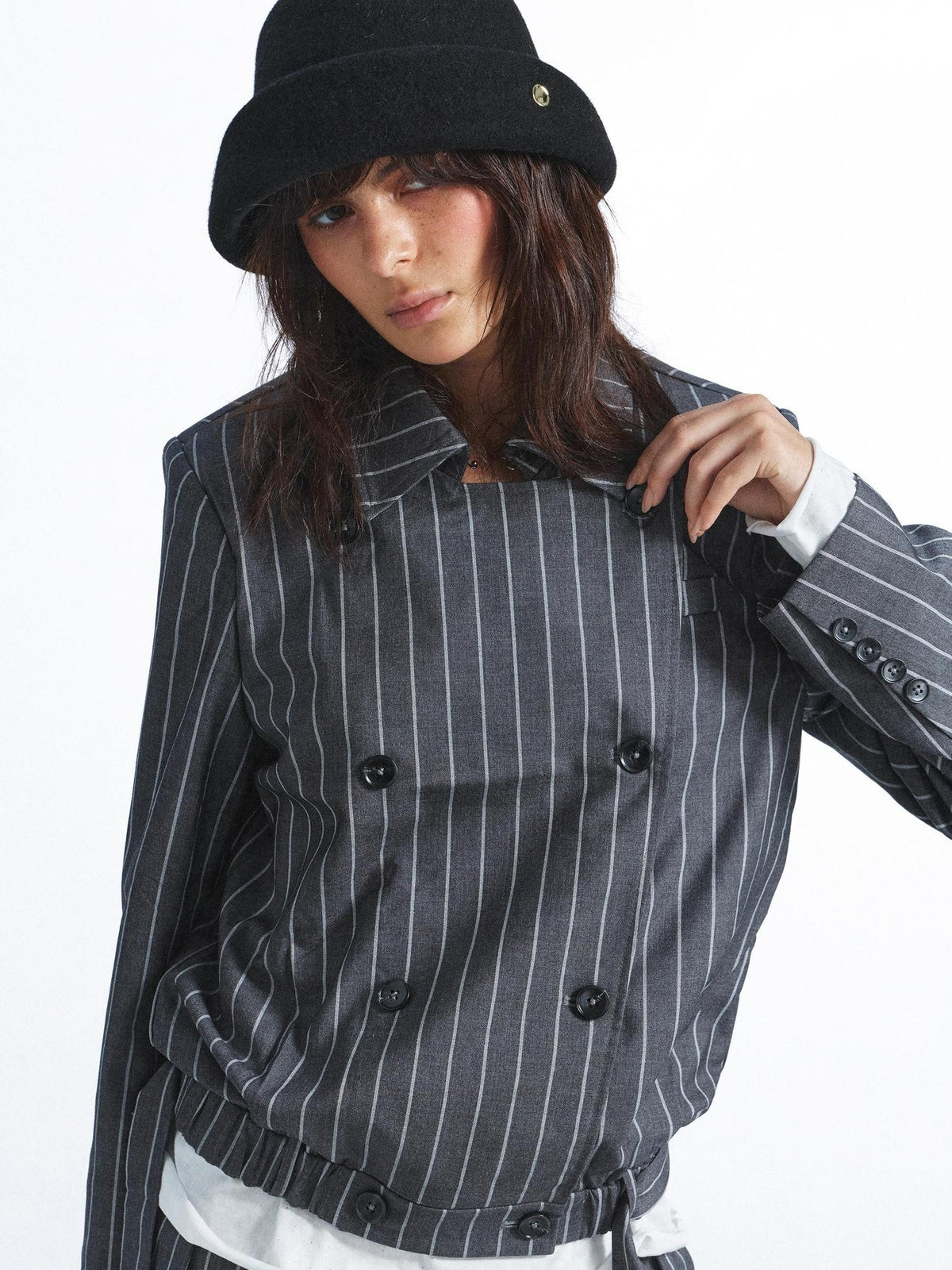 FULLTIDE Striped Deconstructed Double Breasted Belted Women&