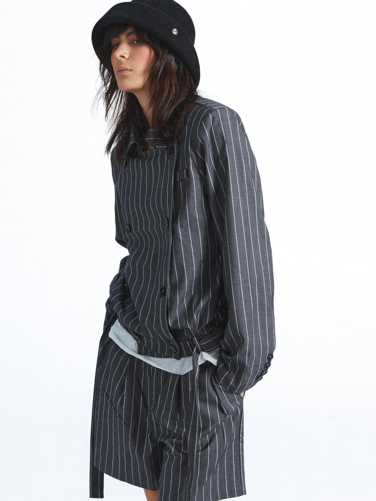 FULLTIDE Striped Deconstructed Double Breasted Belted Women&