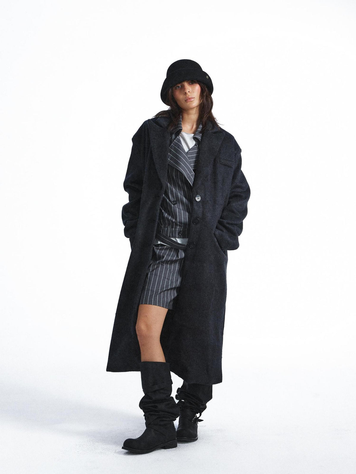 FULLTIDE Striped Deconstructed Double Breasted Belted Women&