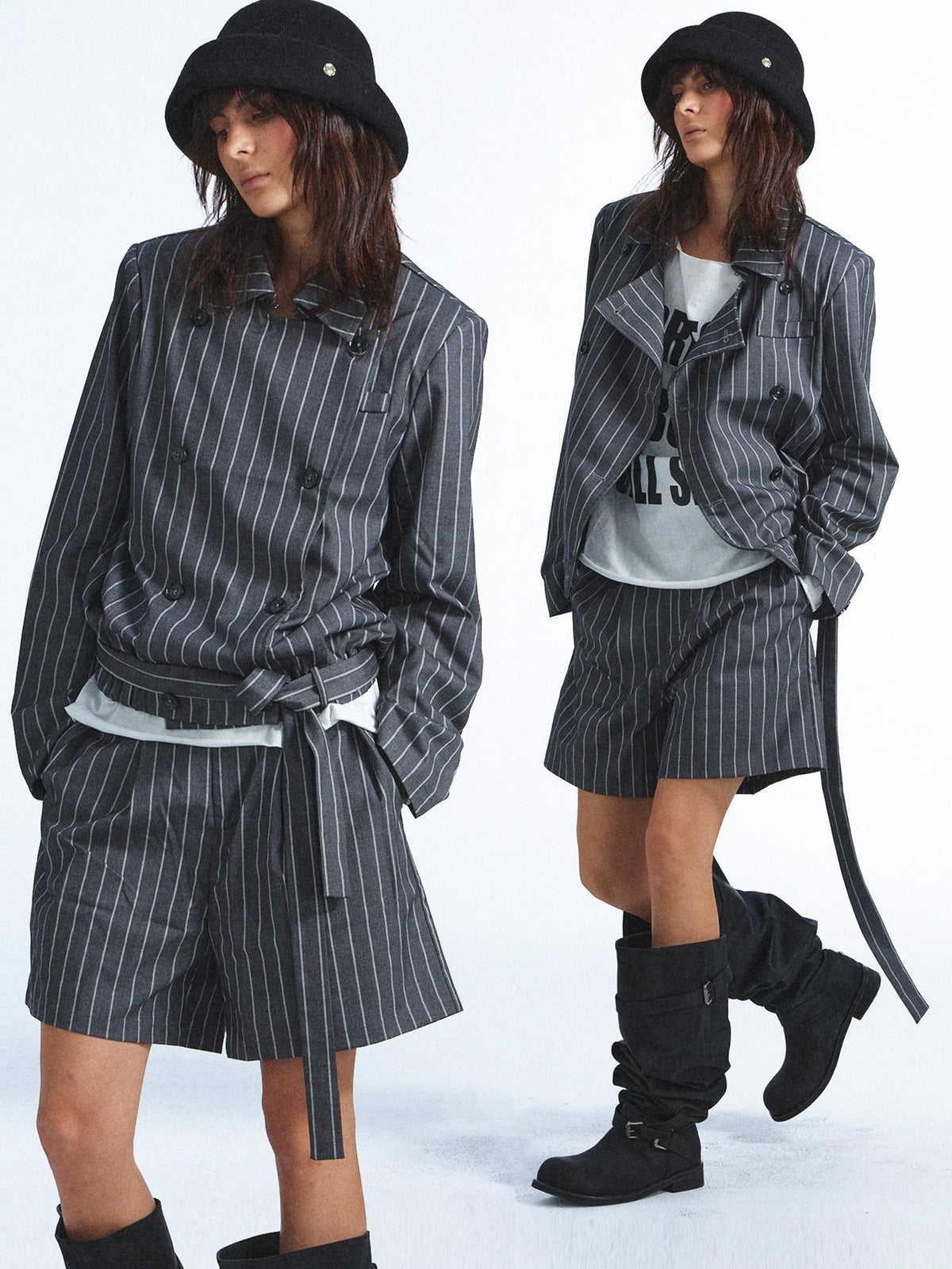 FULLTIDE Striped Deconstructed Double Breasted Belted Women&