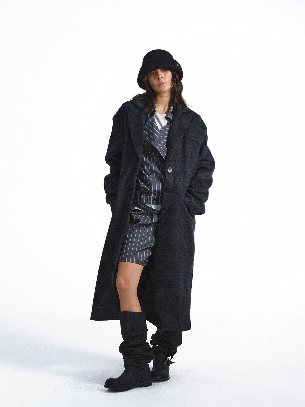 FULLTIDE Striped Deconstructed Double Breasted Belted Women&