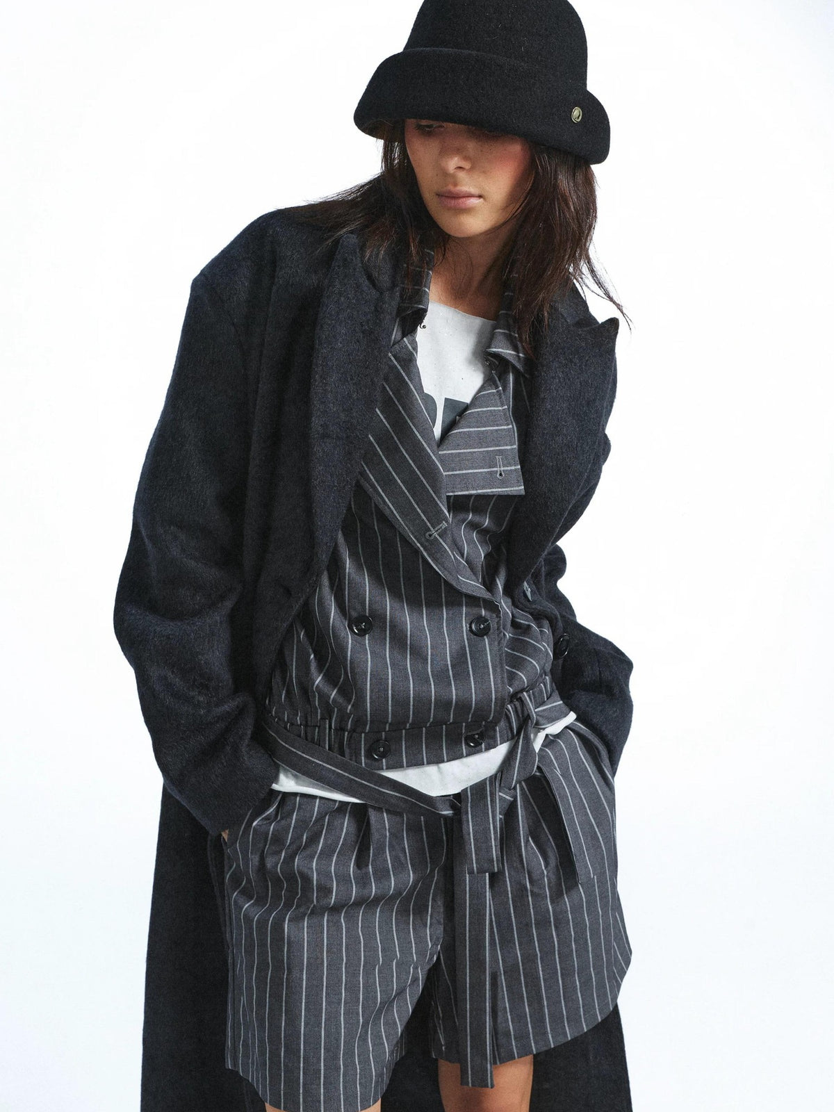 FULLTIDE Striped Deconstructed Double Breasted Belted Women&