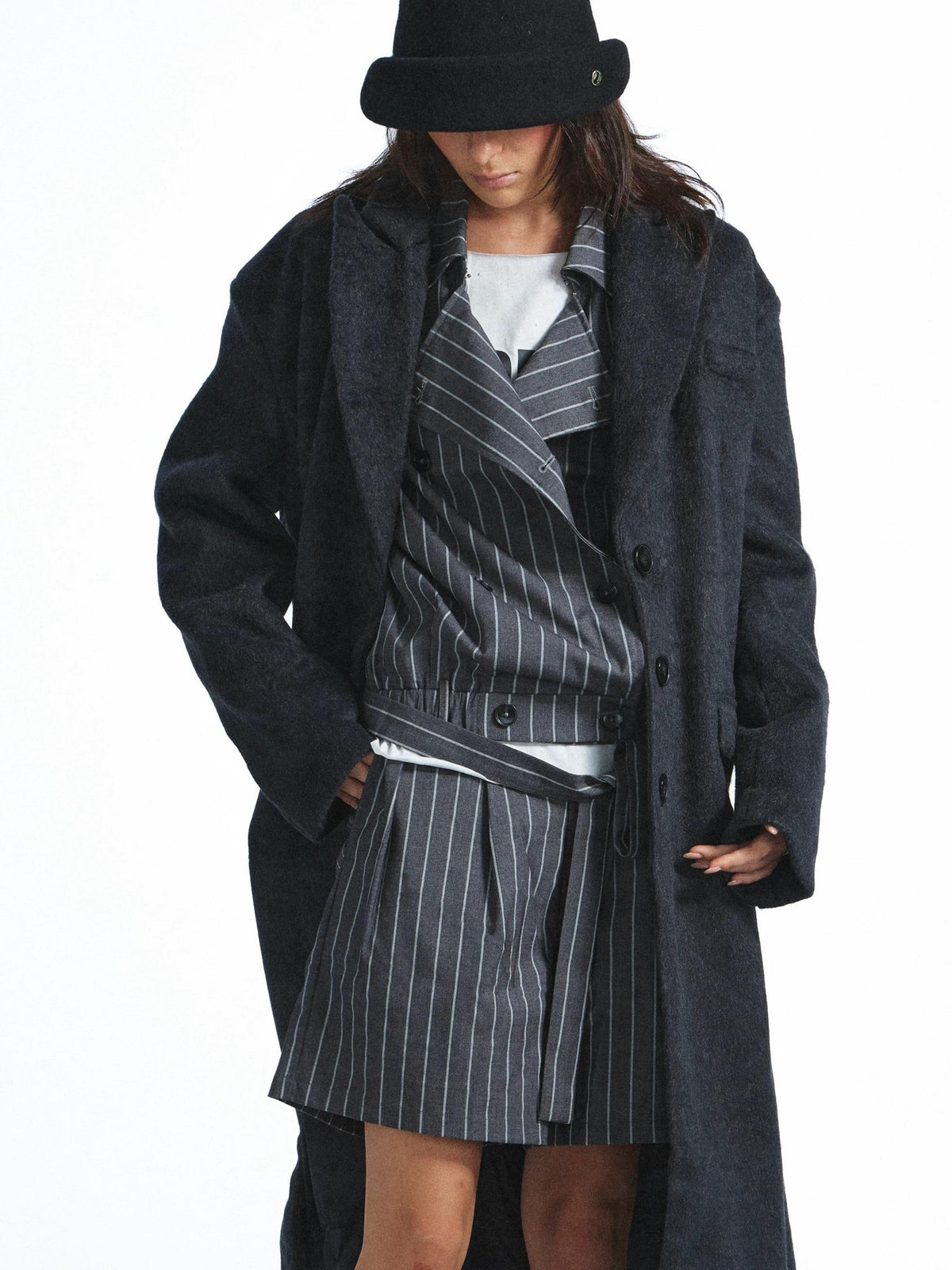 FULLTIDE Striped Deconstructed Double Breasted Belted Women&