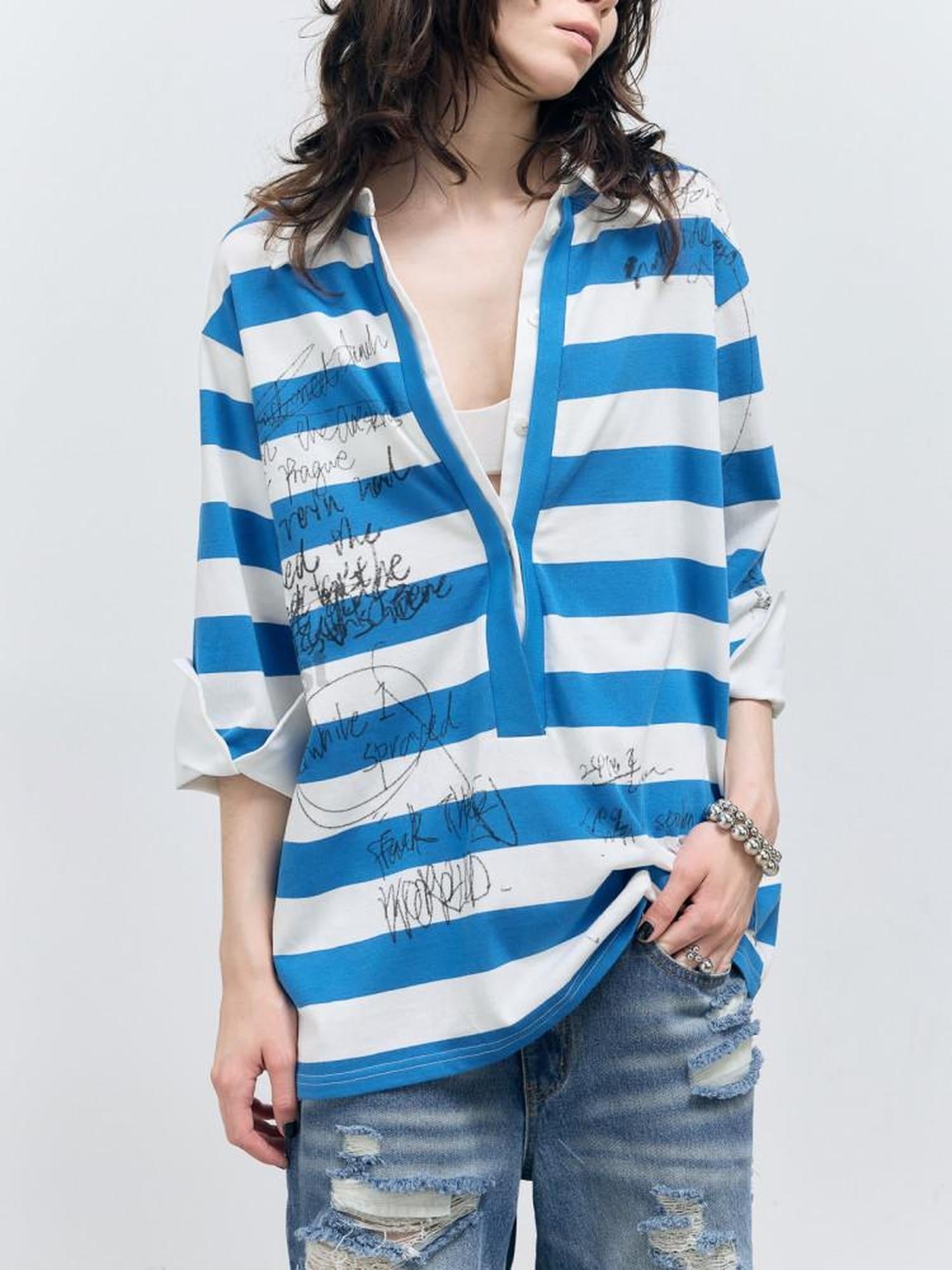 FULLTIDE Striped Graffiti Print Open Polo Collar Faux Two Piece Women&