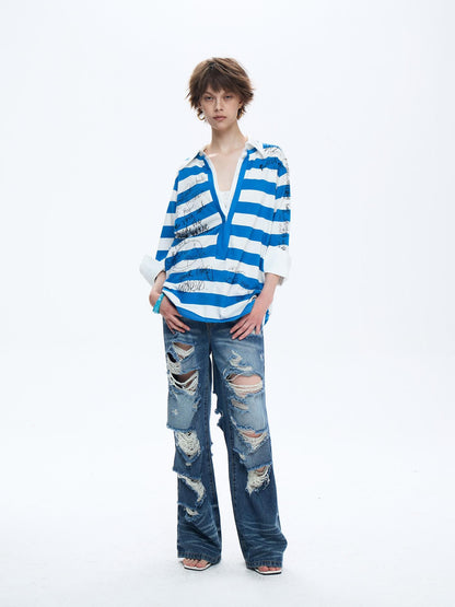 FULLTIDE Striped Graffiti Print Open Polo Collar Faux Two Piece Women&