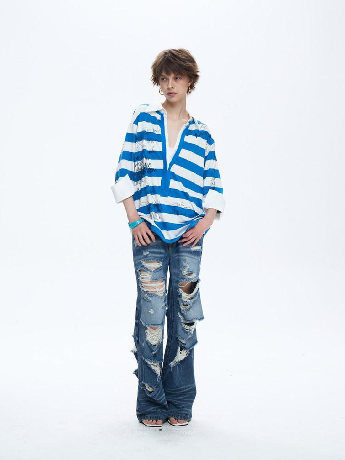 FULLTIDE Striped Graffiti Print Open Polo Collar Faux Two Piece Women&