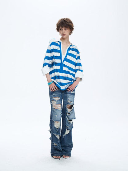 FULLTIDE Striped Graffiti Print Open Polo Collar Faux Two Piece Women&