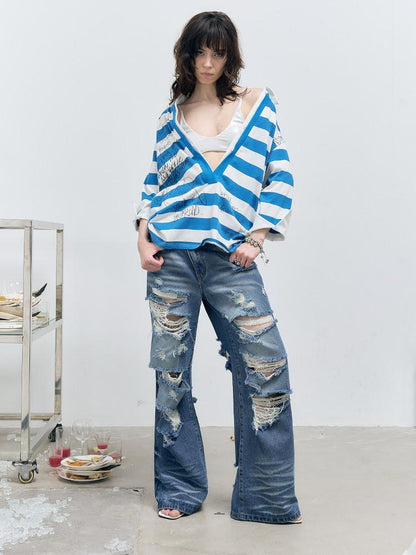 FULLTIDE Striped Graffiti Print Open Polo Collar Faux Two Piece Women&