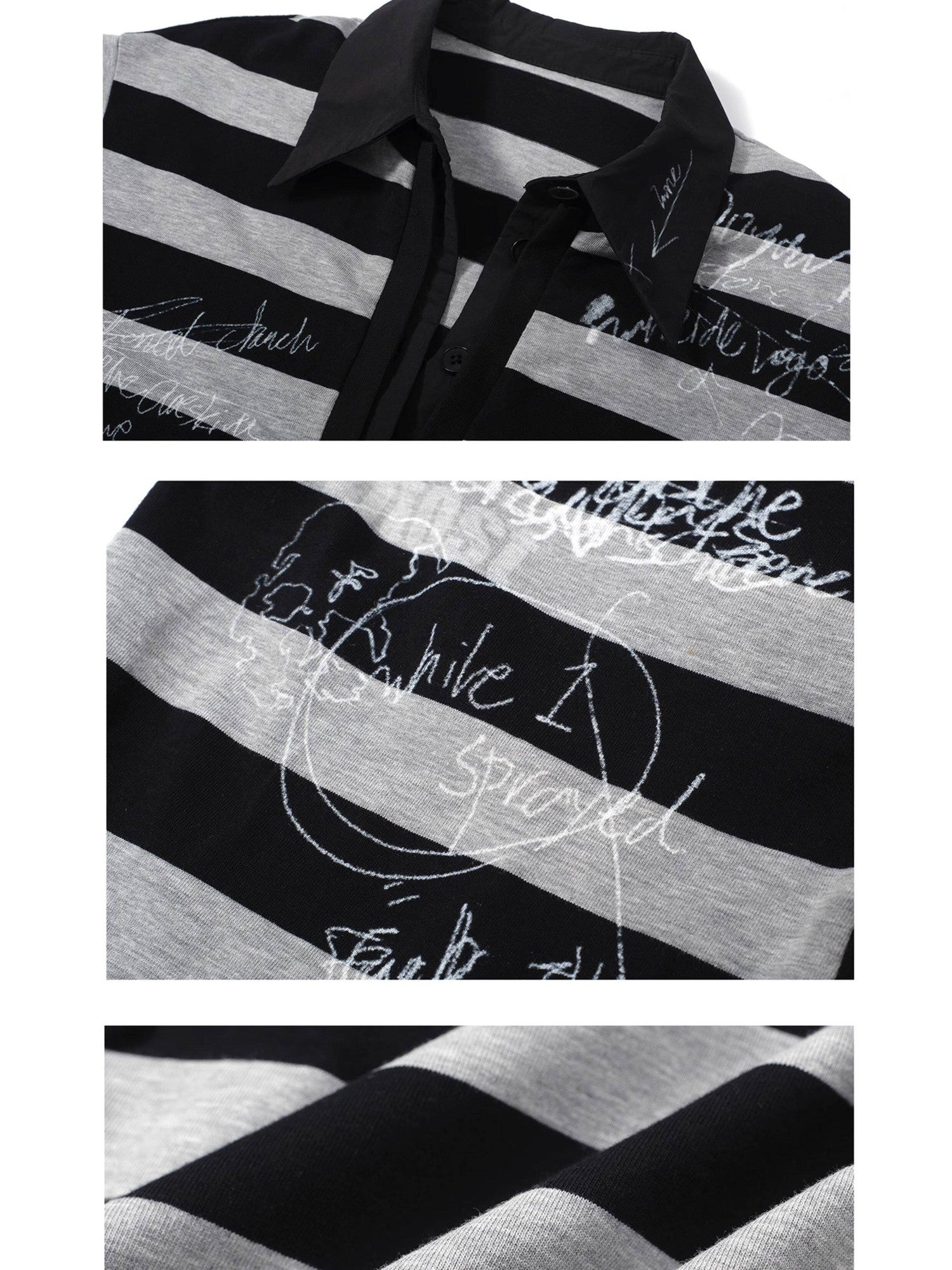 FULLTIDE Striped Graffiti Print Open Polo Collar Faux Two Piece Women&