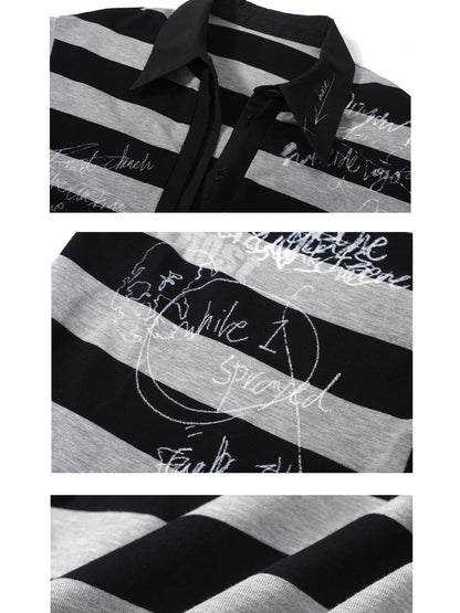 FULLTIDE Striped Graffiti Print Open Polo Collar Faux Two Piece Women&