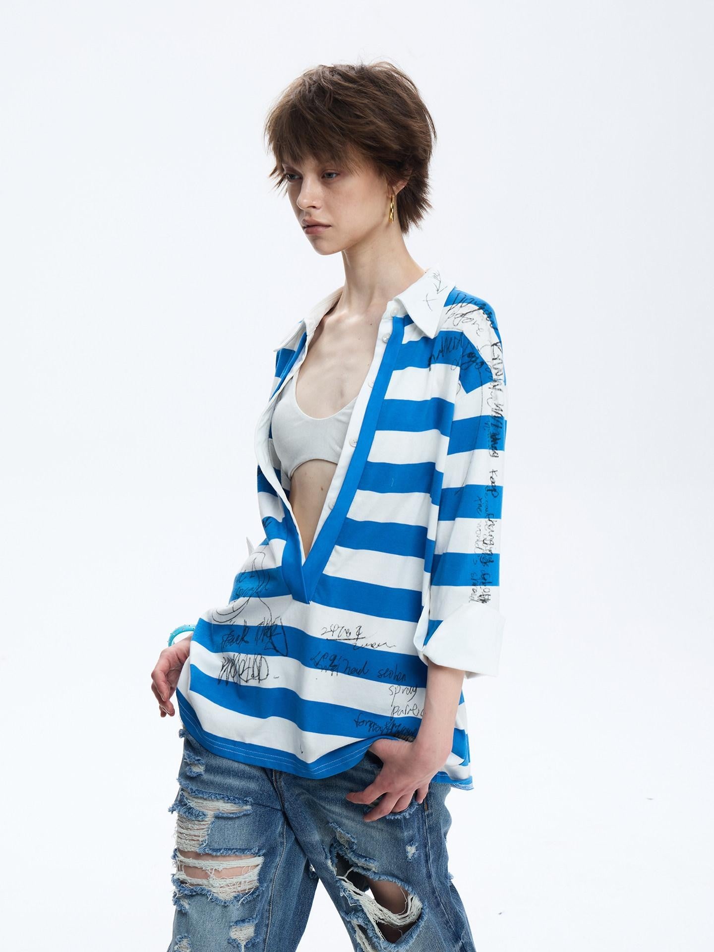 FULLTIDE Striped Graffiti Print Open Polo Collar Faux Two Piece Women&