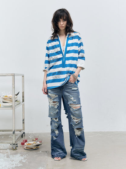 FULLTIDE Striped Graffiti Print Open Polo Collar Faux Two Piece Women&