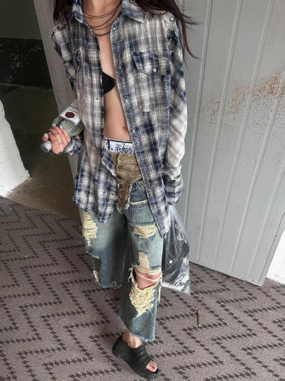 FULLTIDE Sun Protective Ultra Thin Cotton Oversized Utility Plaid Long Sleeve Unisex Shirt