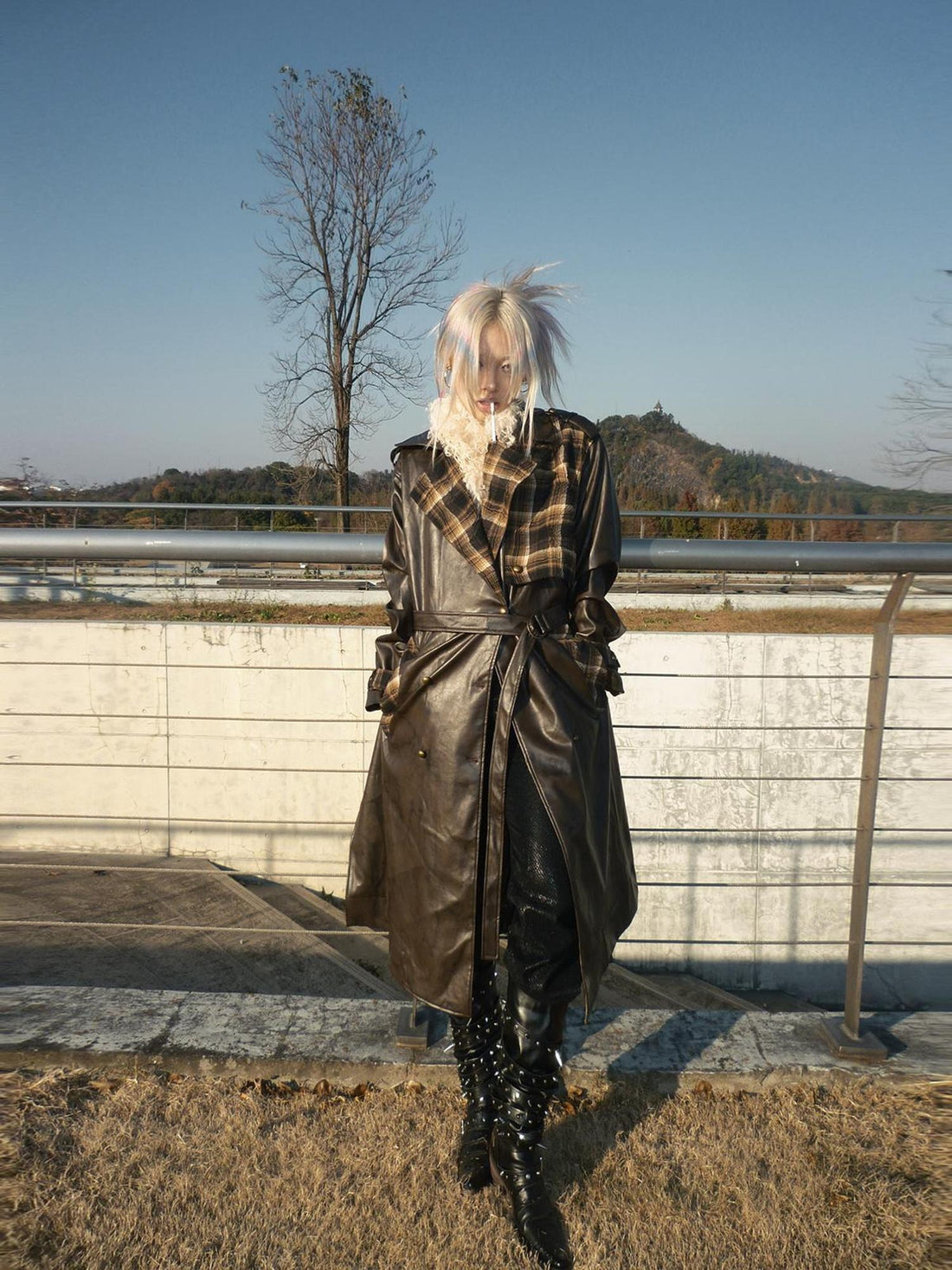 FULLTIDE Thick Double Breasted Notched Collar Long Plaid Women Viscose Pu Coat