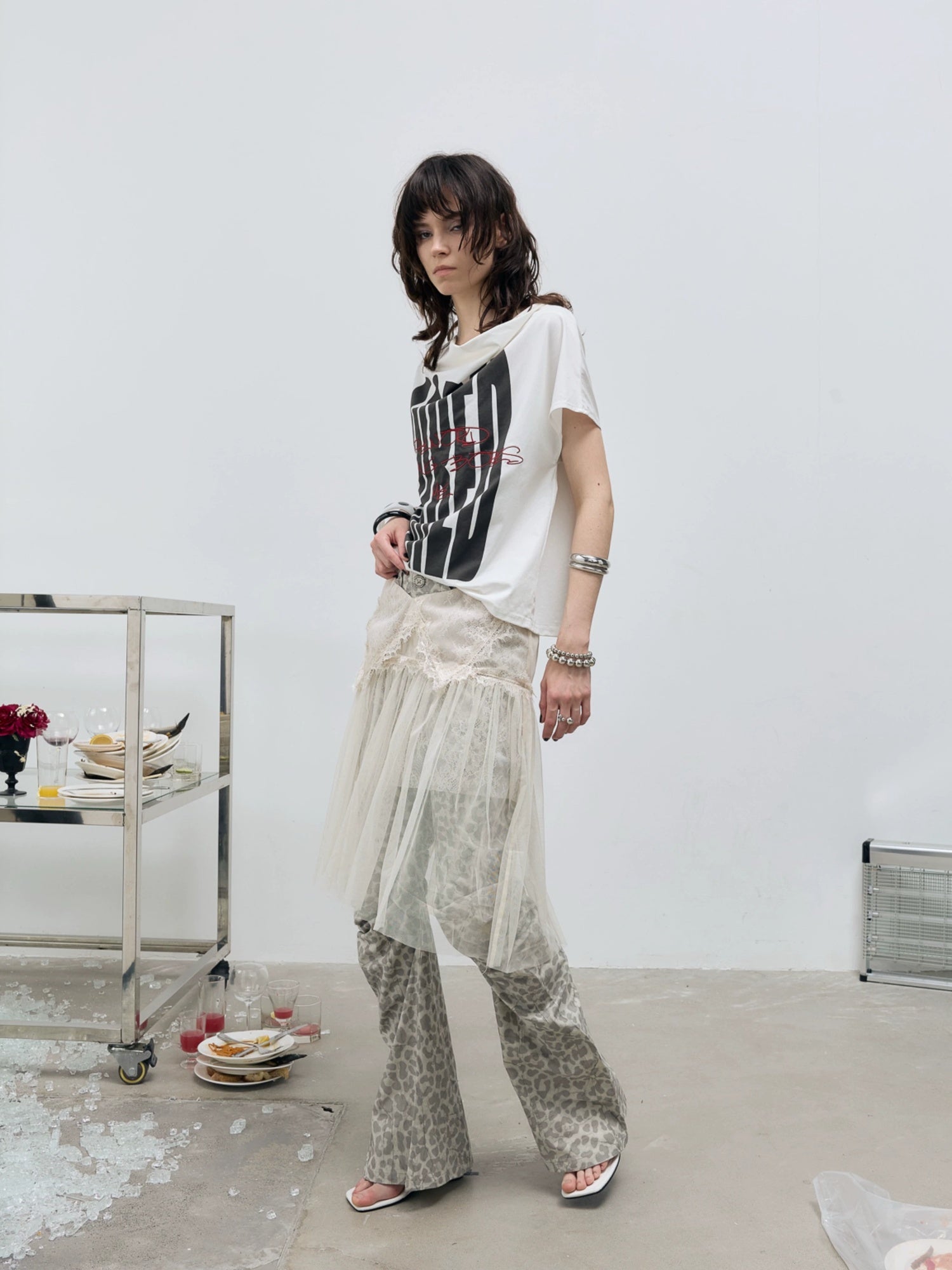 FULLTIDE Versatile Low Waist A Line Leopard Print Light Khaki Polyester Women Midi Skirt