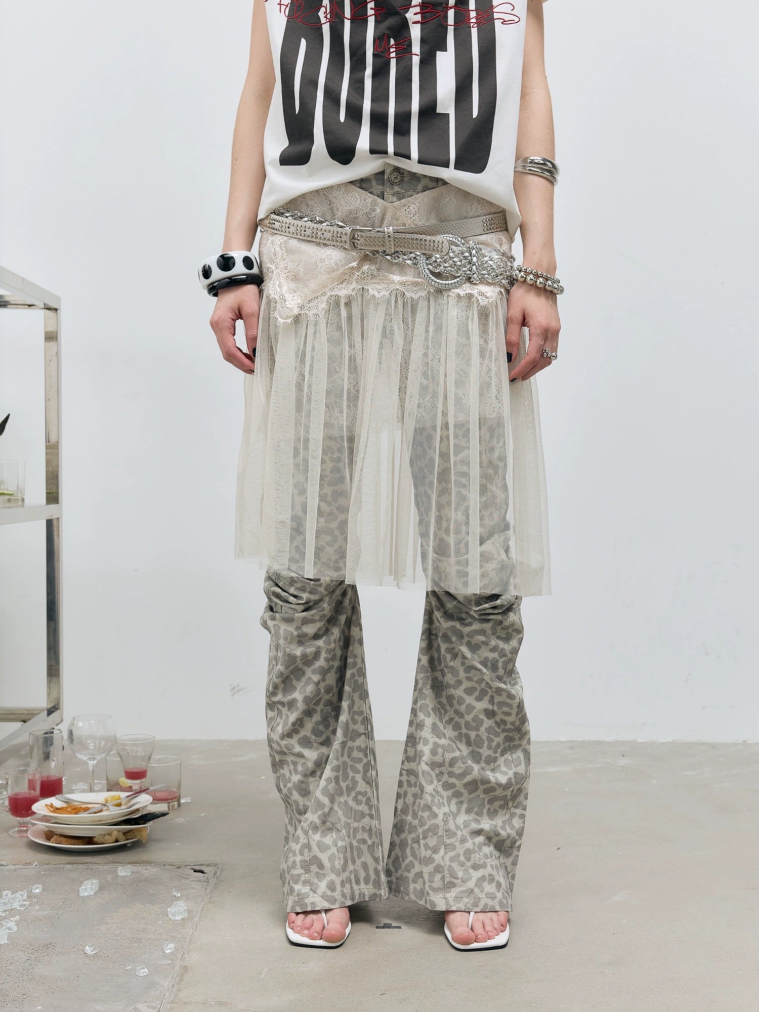 FULLTIDE Versatile Low Waist A Line Leopard Print Light Khaki Polyester Women Midi Skirt