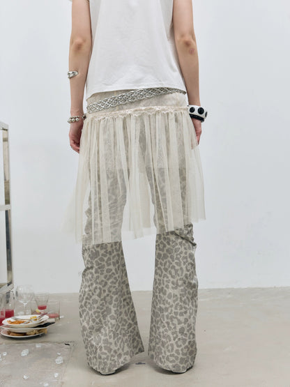 FULLTIDE Versatile Low Waist A Line Leopard Print Light Khaki Polyester Women Midi Skirt