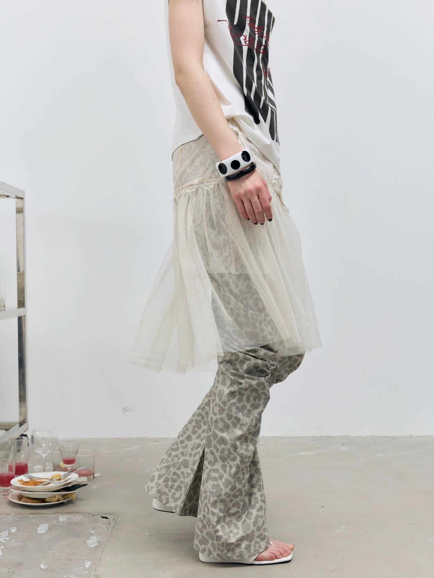 FULLTIDE Versatile Low Waist A Line Leopard Print Light Khaki Polyester Women Midi Skirt