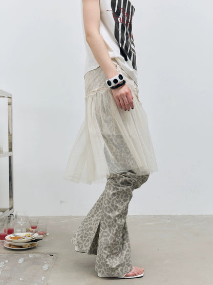 FULLTIDE Versatile Low Waist A Line Leopard Print Light Khaki Polyester Women Midi Skirt