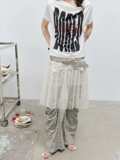 FULLTIDE Versatile Low Waist A Line Leopard Print Light Khaki Polyester Women Midi Skirt