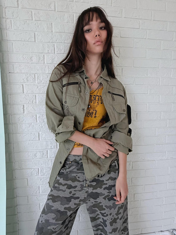 Vintage Distressed 3d Pocket Zipper Epaulet Slim Women's Cotton Shirts