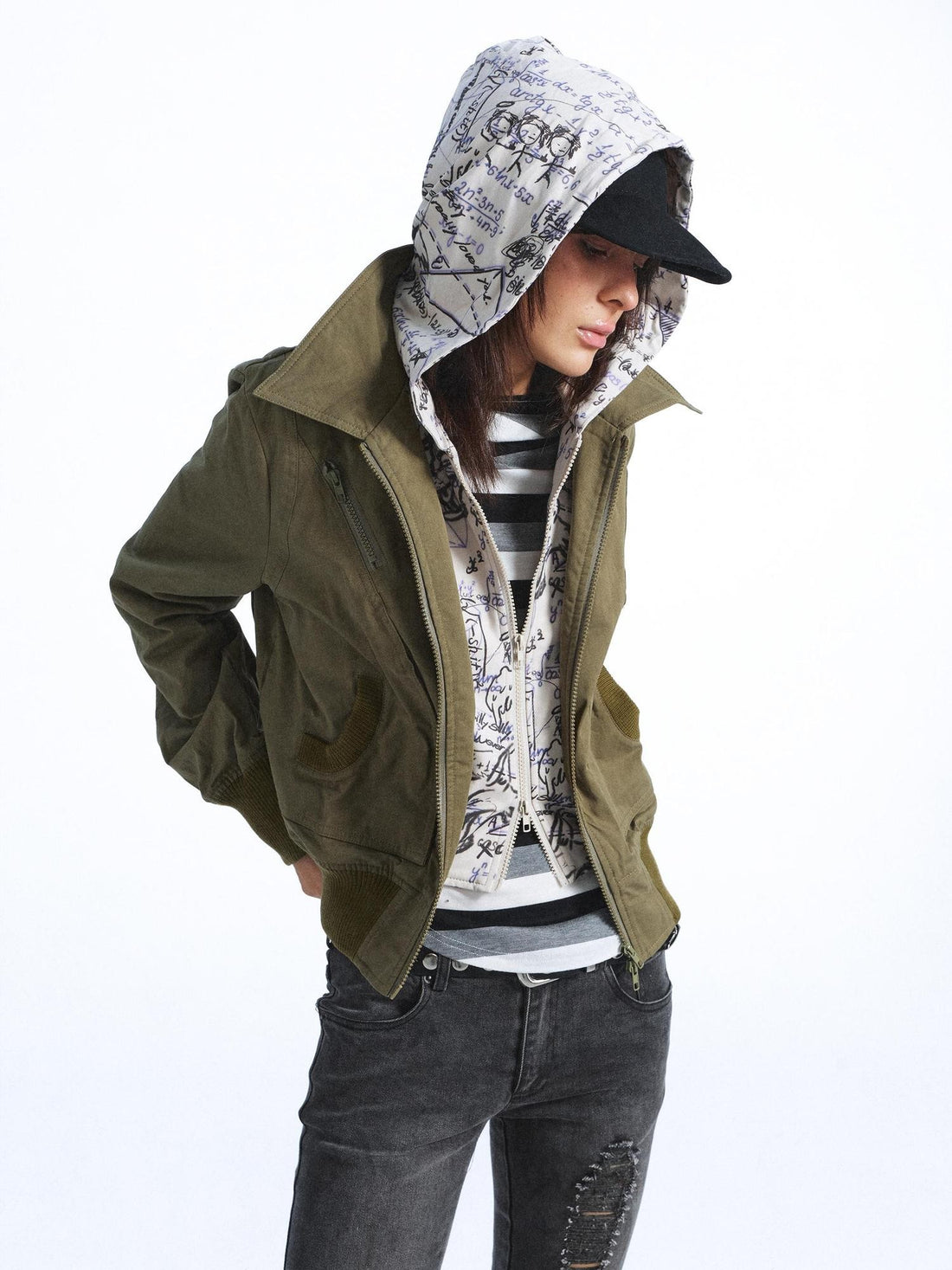 FULLTIDE Vintage Distressed Washed Graffiti Patchwork Hooded Women&