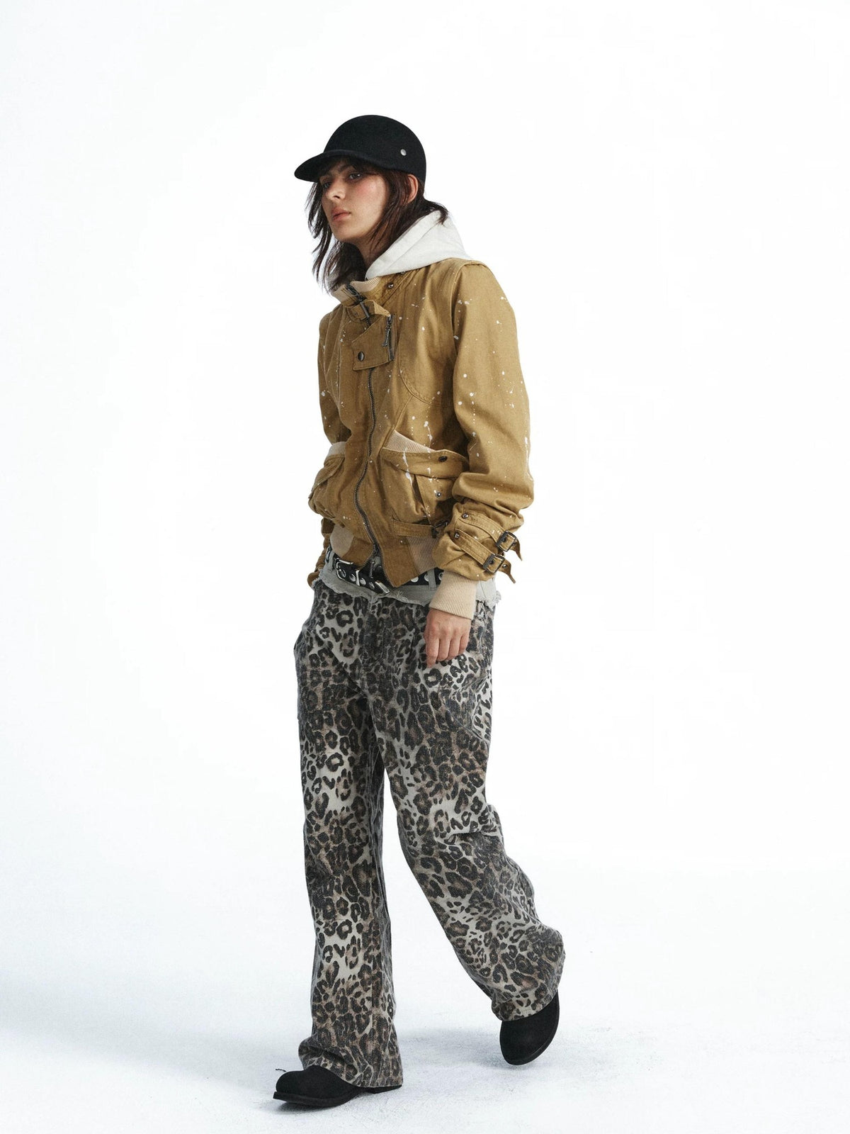 FULLTIDE Vintage Leopard Print Distressed Double Waist Women&