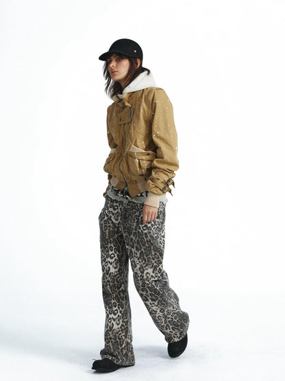 FULLTIDE Vintage Leopard Print Distressed Double Waist Women&