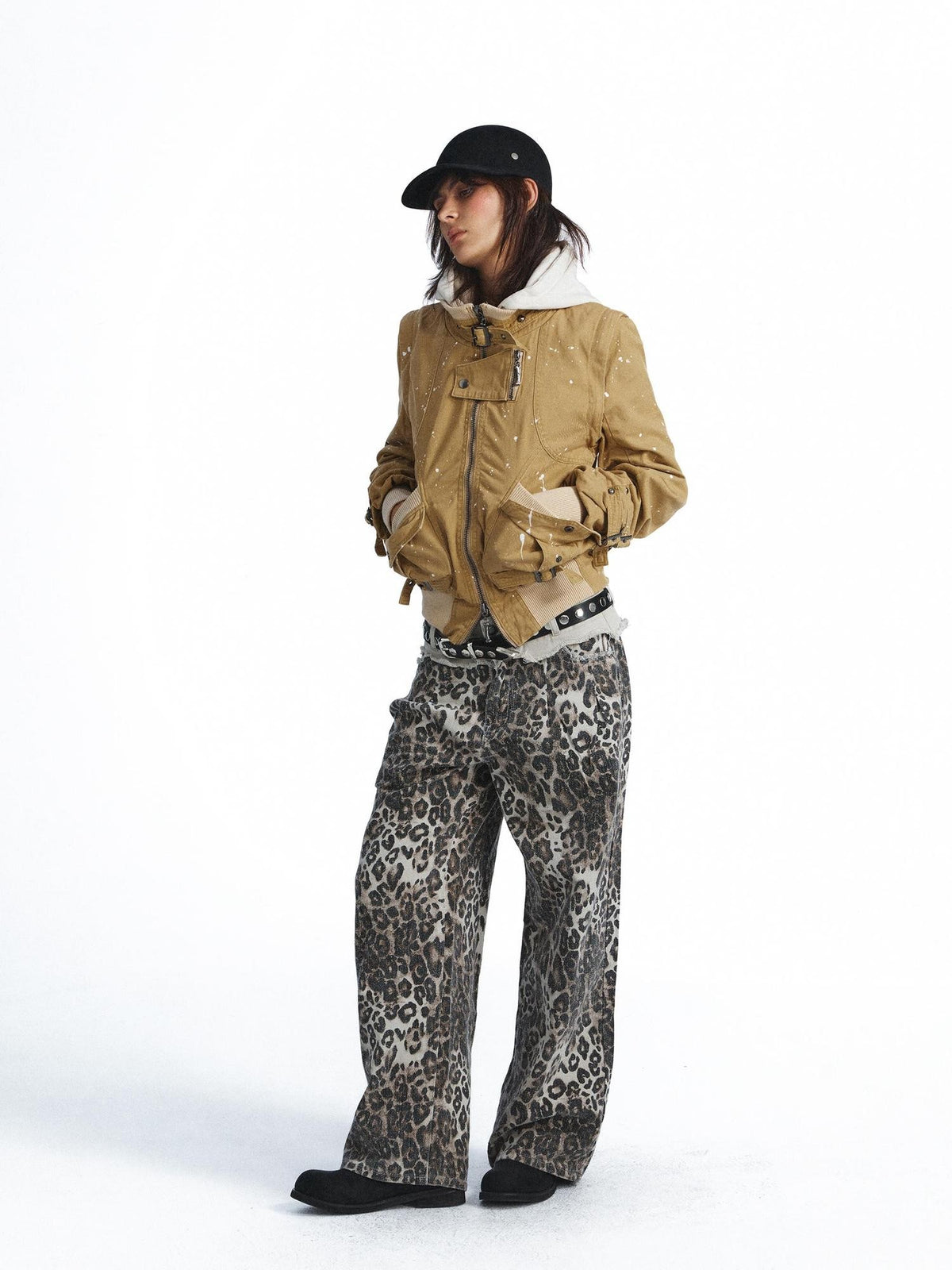 FULLTIDE Vintage Leopard Print Distressed Double Waist Women&