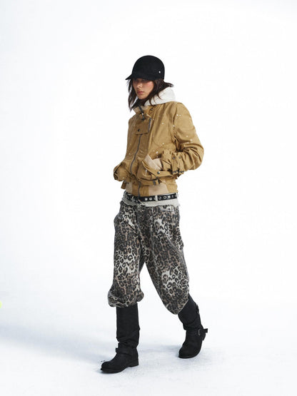 FULLTIDE Vintage Leopard Print Distressed Double Waist Women&