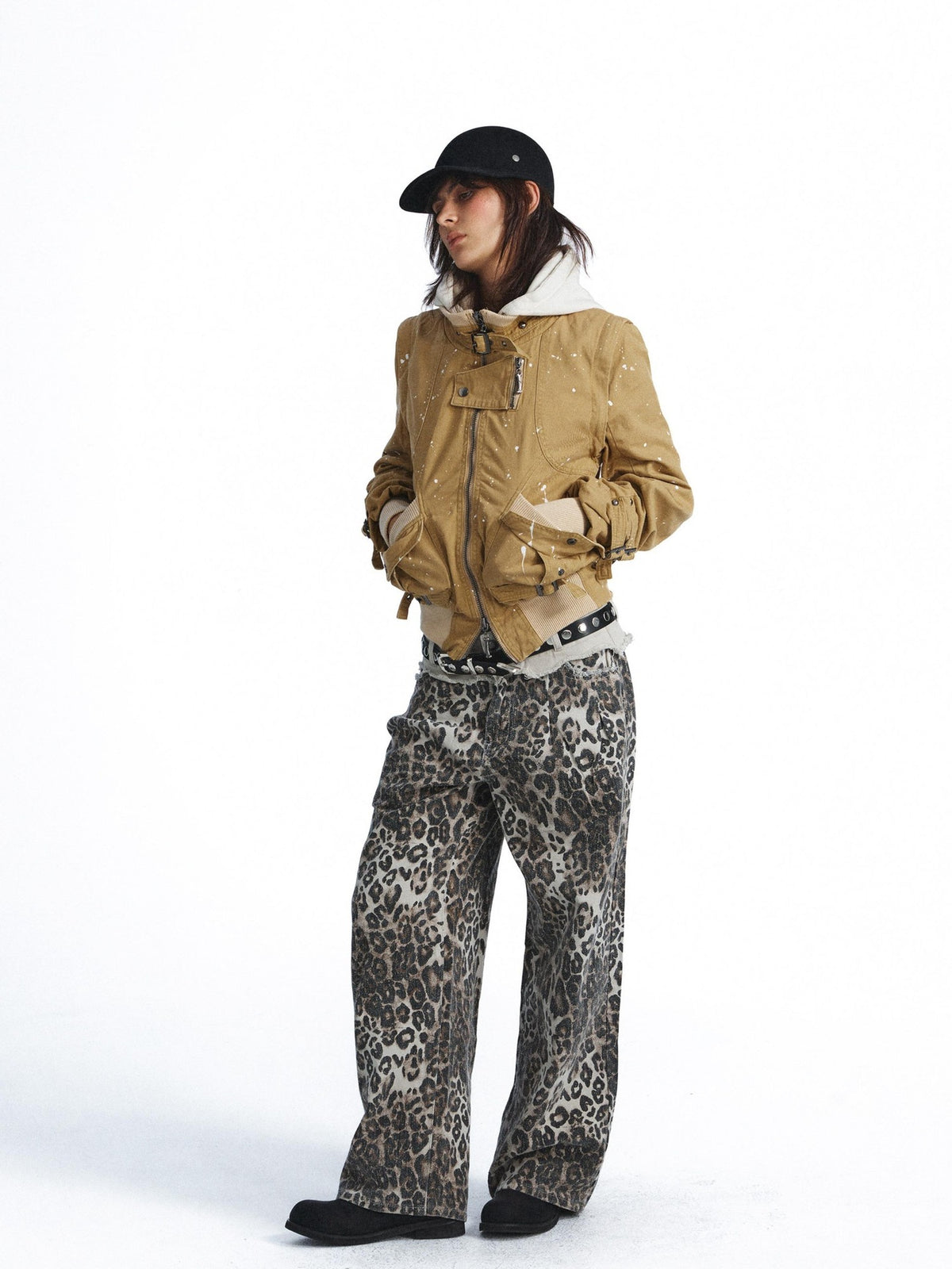 FULLTIDE Vintage Leopard Print Distressed Double Waist Women&