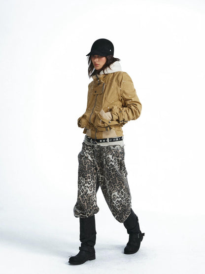 FULLTIDE Vintage Leopard Print Distressed Double Waist Women&