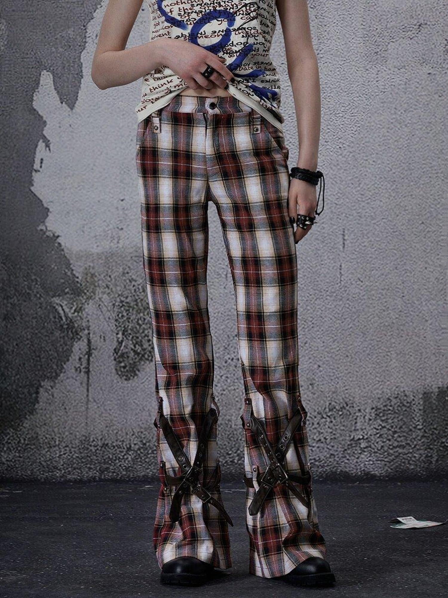FULLTIDE Vintage Plaid Asymmetric Pocket High Waist Women&