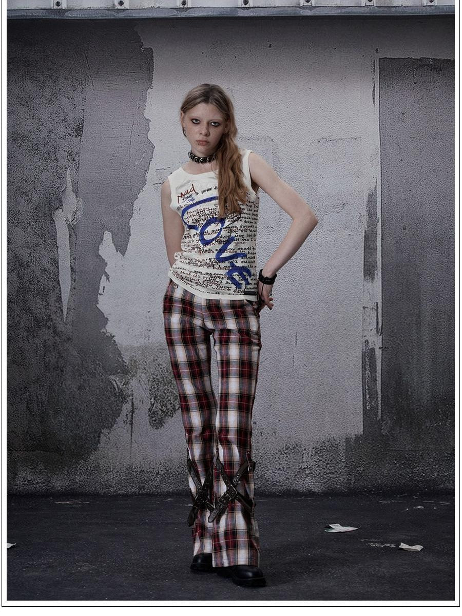 FULLTIDE Vintage Plaid Asymmetric Pocket High Waist Women&