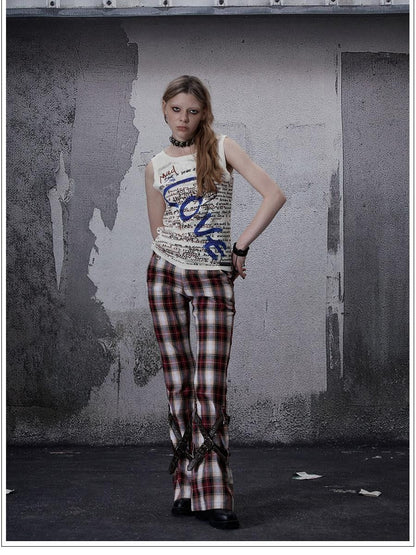 FULLTIDE Vintage Plaid Asymmetric Pocket High Waist Women&