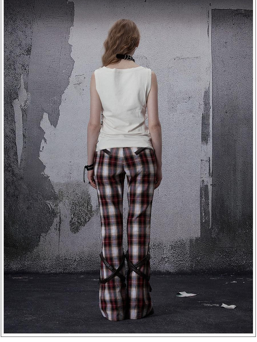 FULLTIDE Vintage Plaid Asymmetric Pocket High Waist Women&