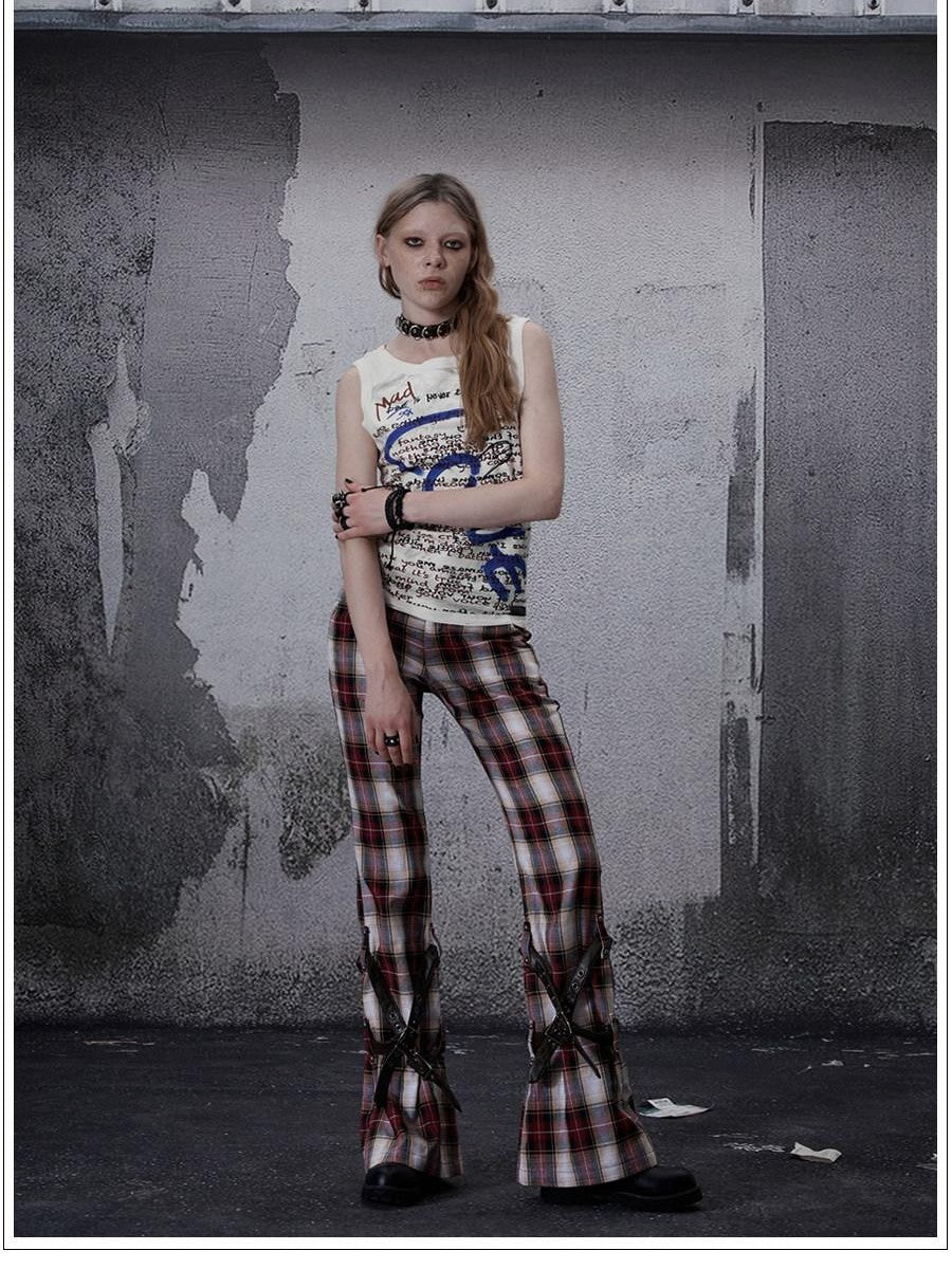 FULLTIDE Vintage Plaid Asymmetric Pocket High Waist Women&