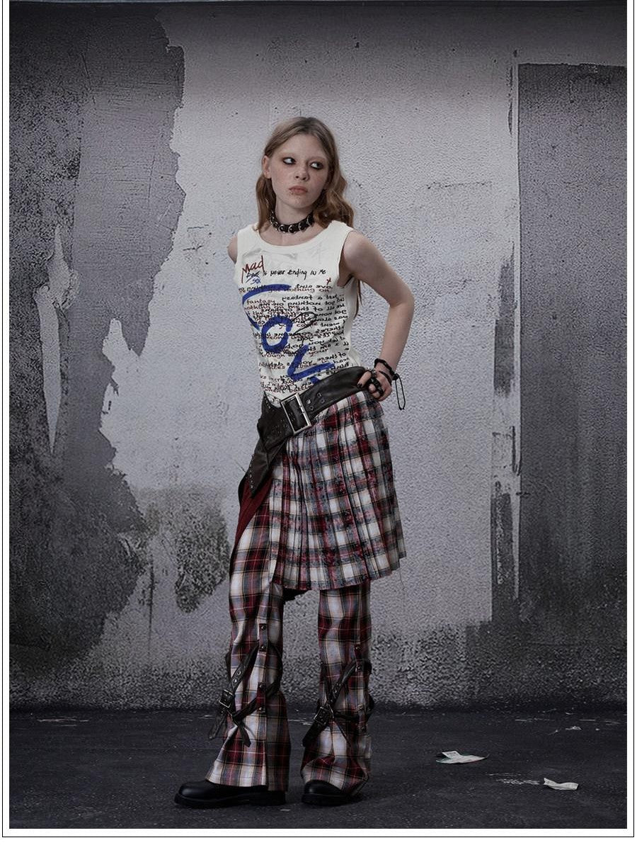 FULLTIDE Vintage Plaid Asymmetric Pocket High Waist Women&
