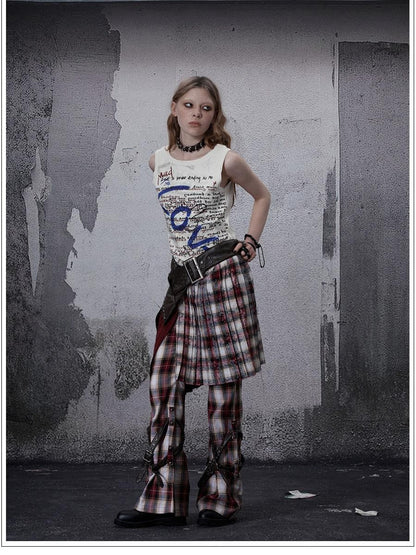 FULLTIDE Vintage Plaid Asymmetric Pocket High Waist Women&