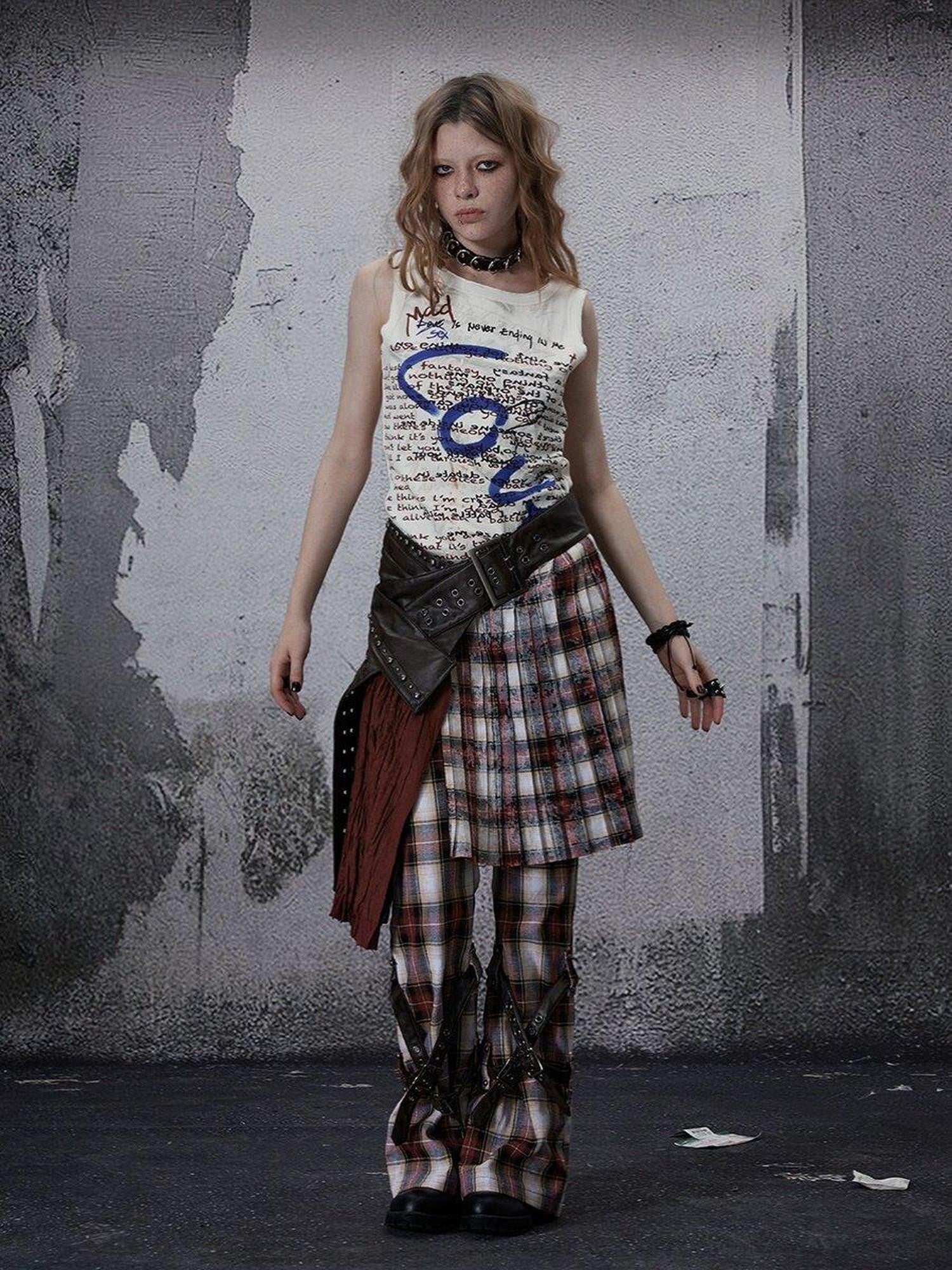 FULLTIDE Vintage Plaid Asymmetric Pocket High Waist Women&