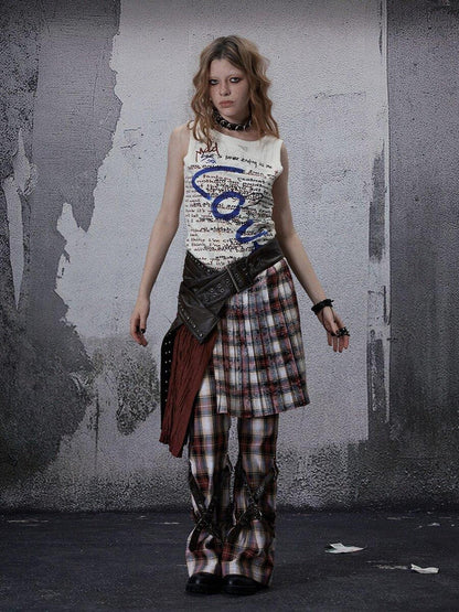 FULLTIDE Vintage Plaid Asymmetric Pocket High Waist Women&