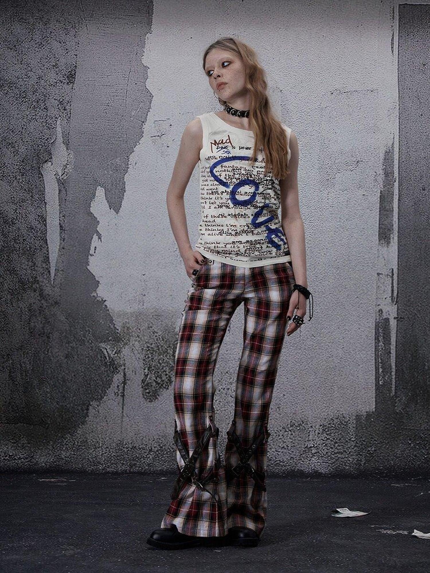 FULLTIDE Vintage Plaid Asymmetric Pocket High Waist Women&